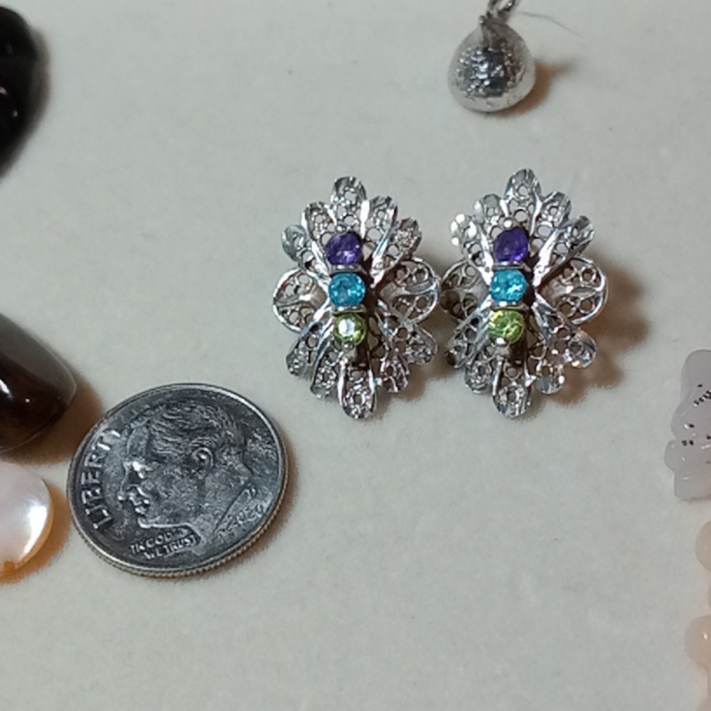 Sterling Silver 925 Rainbow Rhinestone Filigree Post Earrings